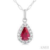 6x4 MM Pear Shape Ruby and 1/6 Ctw Round Cut Diamond Halo Precious Pendant with Chain in 14K White Gold
